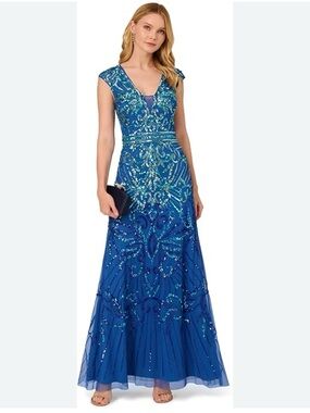 Adrianna Papell Royal Blue Sequin Embellished V-Neck  Evening Gown! NWT 🌹